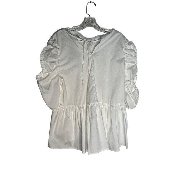Marc New York Ruched Ruffle Sleeve Blouse White Size L NWT - Picture 2 of 9